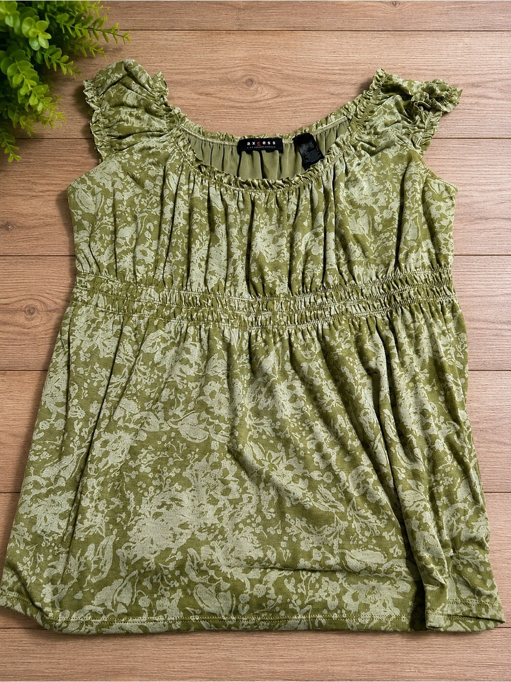 Axcess Olive Green Floral Smocked-Waist Tunic Top